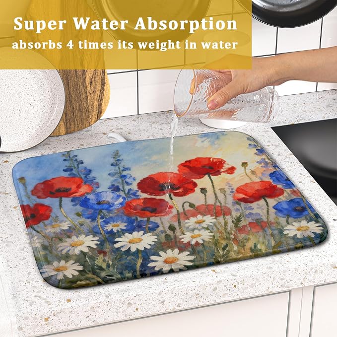 4th of July Dish Drying Mat for Kitchen Counter 16x18 Patriotic Floral - Image 3