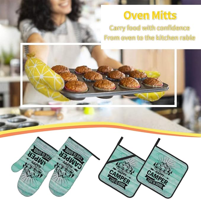 Happy Camper Oven Mitts and Pot Holders Sets of 4, Resistant Hot Pads - Image 6