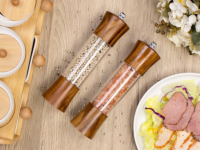 XWXO Acacia Wood Premium Acrylic Salt and Pepper Grinder Set 8 Inches Salt and - Image 4