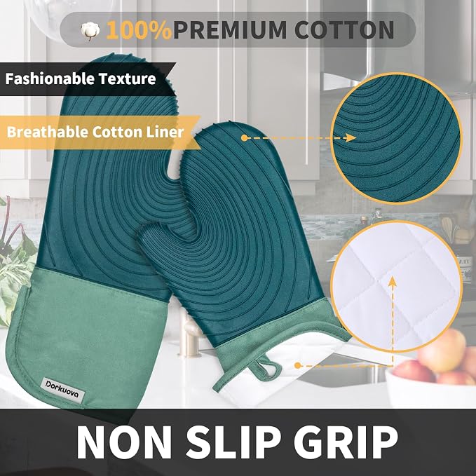 Silicone Oven Mitt Pack, Cotton Lined Gloves, Long Cooking Mitts and Trivet Mats - Image 5