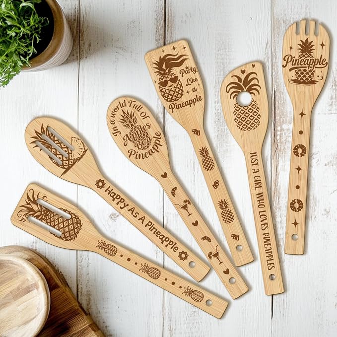 CUTHOLLOW 6PCS Happy as a Pineapple Wooden Kitchen Cooking Utensil Set by CUTHOLLOW
