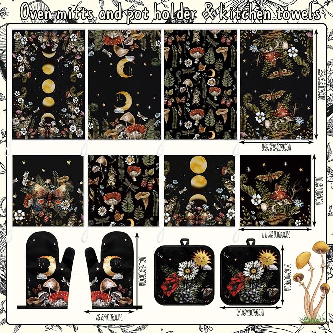 12 Pcs Black Witchy Kitchen Decor Set 4 Mushroom Kitchentowels 4 Absorbent - Image 3