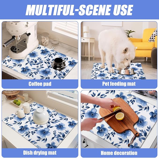 Blue Floral Dish Drying Mat for Kitchen Counter Flower Leaves Drying Pad - Image 7