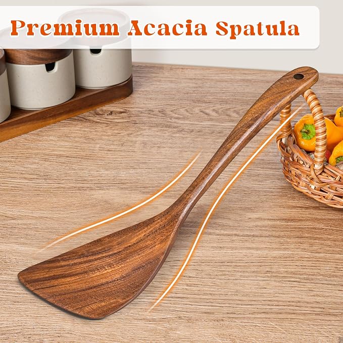 Wooden Spatula for Cooking, Acacia Wood Flat Frying Spatulas, Long Handle - Image 6