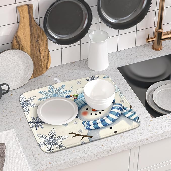 Winter Snowman Dish Drying Mat for Kitchen Counter 16x18 Blue Snowflake Bird - Image 6