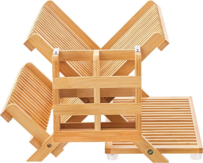 Bamboo Dish Drying Rack with Utensil Holder, 3 Tier Collapsible Dish Rack by Oyydecor