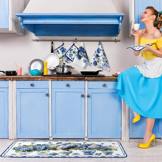 Fanfanwin 10 Pcs Chinoiserie Blue White Hydrangea Kitchen Decor Set Blue and - Image 5