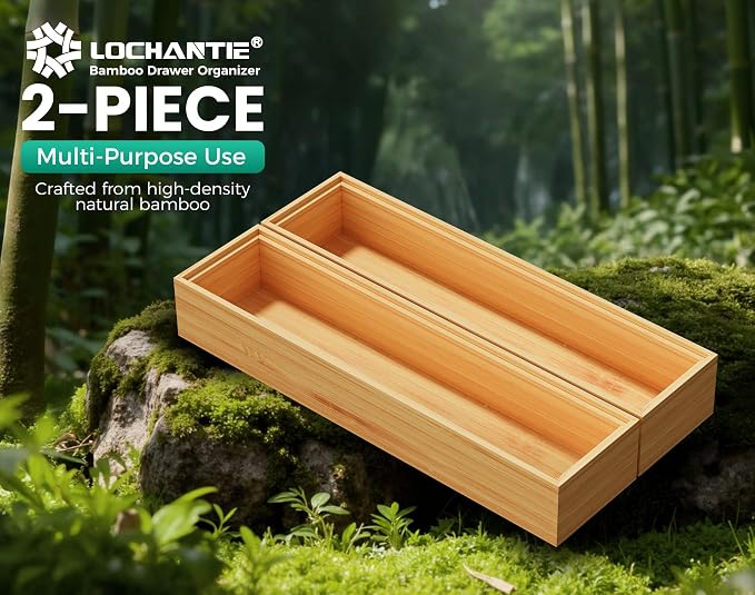 Bamboo Kitchen Drawer Organizer Boxes – 12" x 3" Stackable Wood Silverware - Image 6