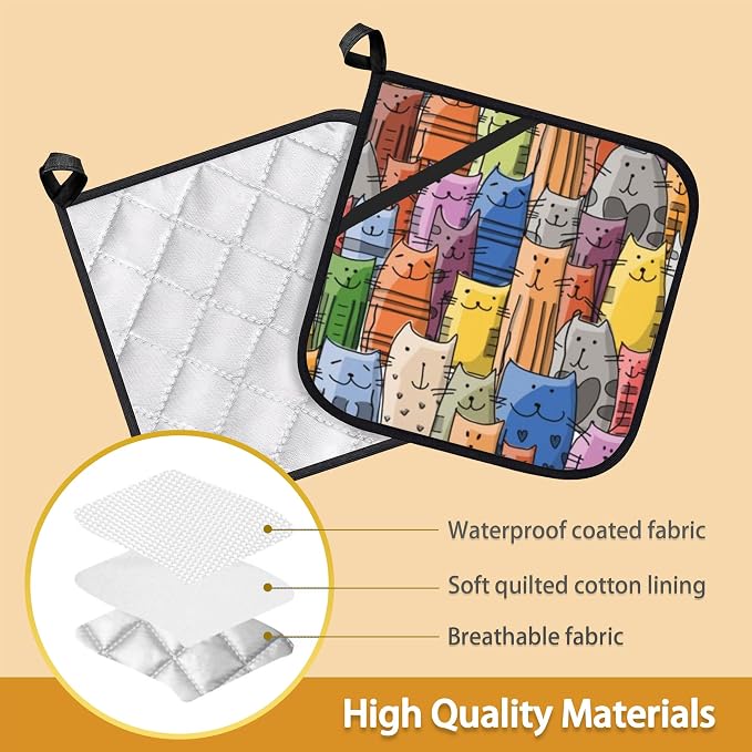 Funny Cats Family Pot Holder Set of 2, Heat Resistant Potholders Oven Hot Pads - Image 3