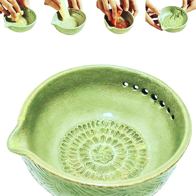 Garlic Grater Bowl 7-hole 2-in-1Kitchen Spanish Handheld Herb Stripper Ceramic - Image 4