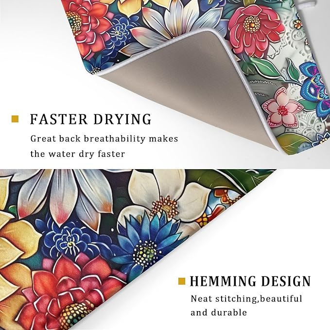 Boho Floral Dish Drying Mat for Kitchen Counter 18x24 Inch Super Absorbent - Image 3