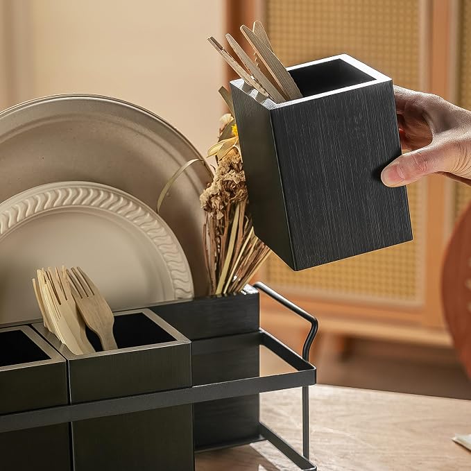 PTSTING Silverware Caddy Black Wood Silverware Holder Paper Plate Dispenser - Image 5