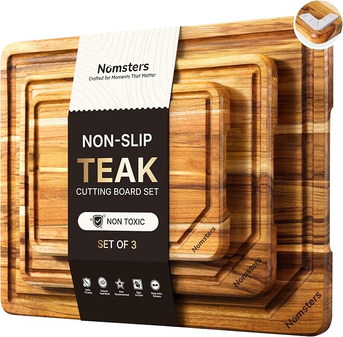 3 Pack Teak Wood Cutting Board Set Non Slip Over Sink Charcuterie Board Serving by Unknown