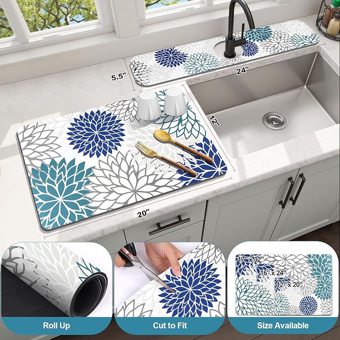 Findosom 2PCS 12" x 20" Dish Drying Mat & 24" x 5.5" Sink Splash Guard - Image 2