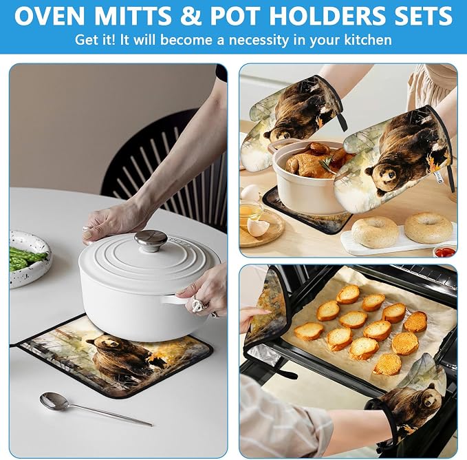 Watercolor Brown Bear Oven Mitts and Pot Holders Sets Heat Resistant 4Pcs - Image 6