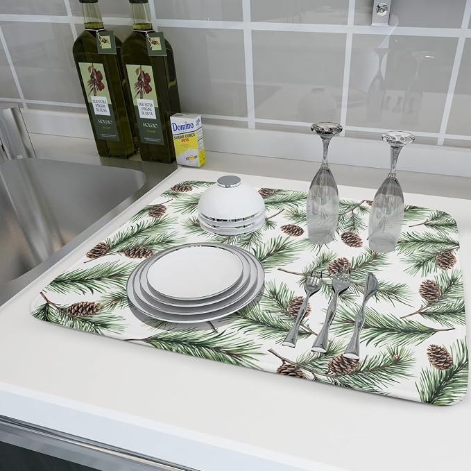 Winter Dish Drying Mat for Kitchen Counter Pine Needle Cone Festival Xmas - Image 6