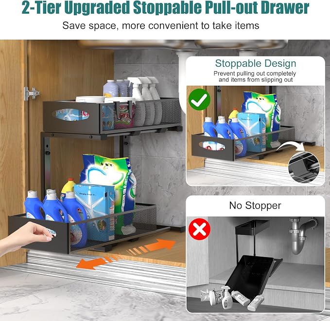 Housolution 2 Pack Under Sink Organizer, 2 Tier Metal Pull Out Under Sink - Image 4