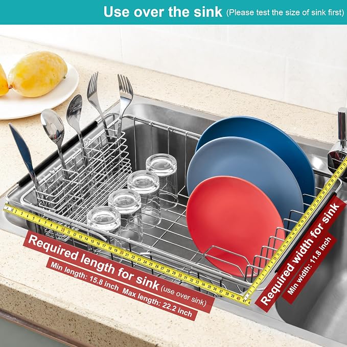iPEGTOP Expandable Dish Drying Rack Over Sink, Rustproof Stainless Steel Basket - Image 4