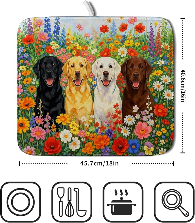 Flower Dog Dish Drying Mat Spring Floral Microfiber Absorbent Dish Drying Pad - Image 2