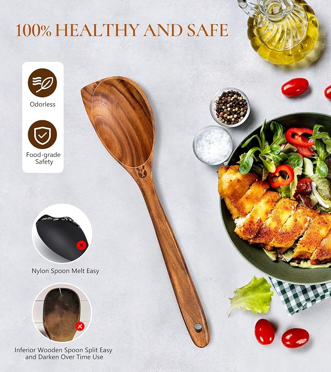Wooden Spoons for Cooking, Natural Premium Teak Wood Corner Spoon, Good Grip - Image 5