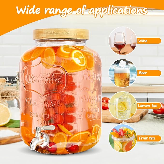 2 Gallon Drink Dispenser with Stand，Glass Beverage Dispenser With Wood Stand - Image 4