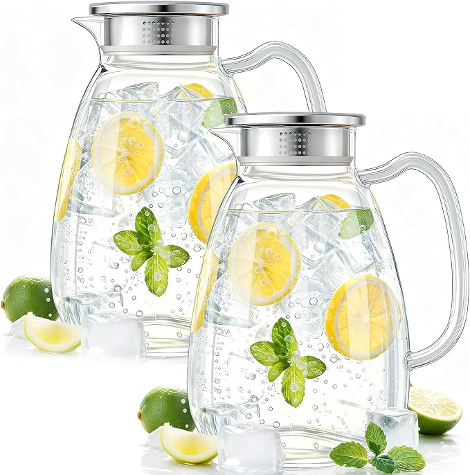 Glass Pitcher with Lid and Handle, 2.2L Borosilicate Glass Water Carafe by Unknown