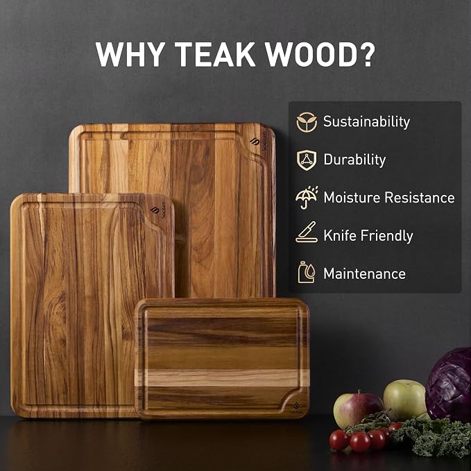 Teak Wood Cutting Board Set for Kitchen High-End Non Toxic Non Slip Over Sink - Image 2
