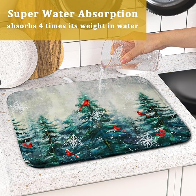 Pine Tree Dish Drying Mat for Kitchen Countertop Red Bird Dishes Mats Winter - Image 7