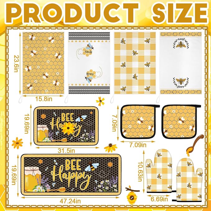 Fourluoo 10 Pcs Bee Themed Kitchen Decor Set Dish Towels Kitchen Rugs Oven - Image 3
