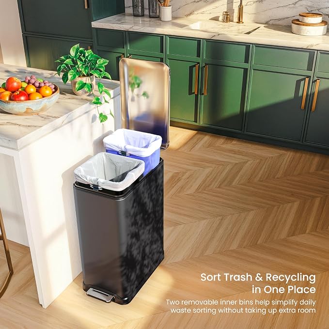 Home Zone Living 13 Gallon Slim Dual Compartment Kitchen Trash Can, Soft-Close - Image 4