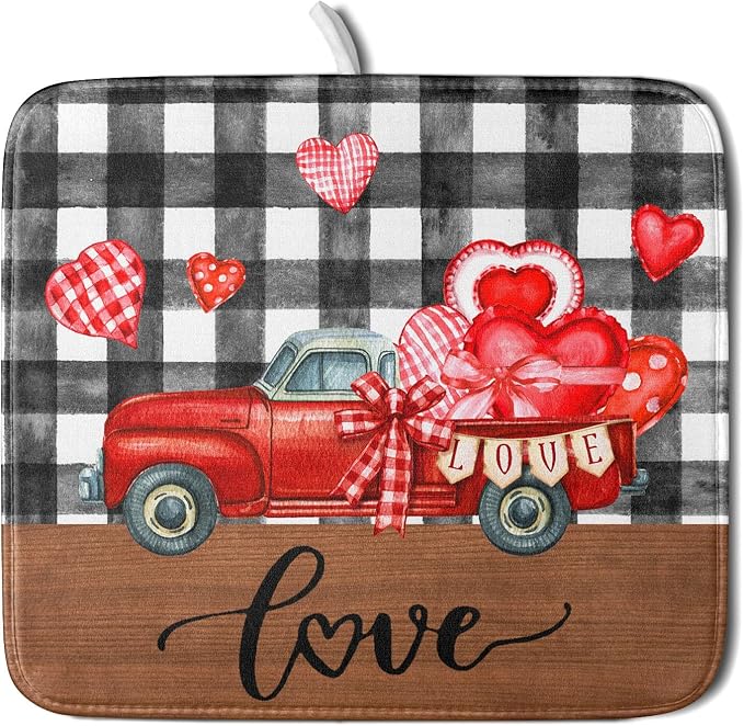 Valentine's Day Red Heart Truck Dish Drying Mat by Anyako