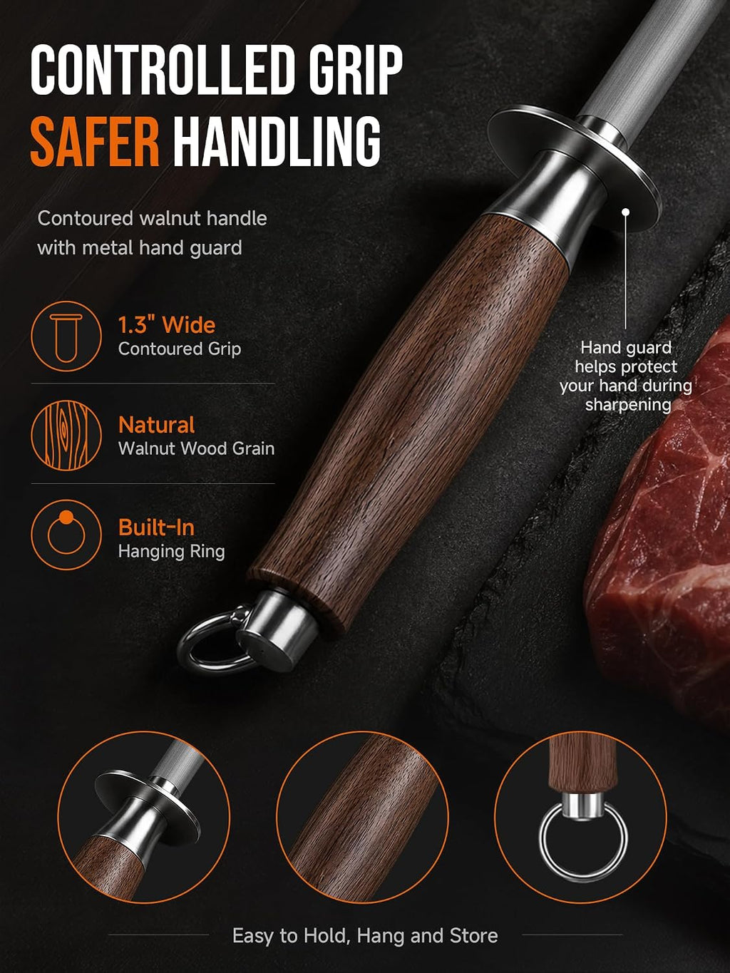 10 Inch Honing Steel for Knives, High Carbon Steel Knife Sharpener Rod