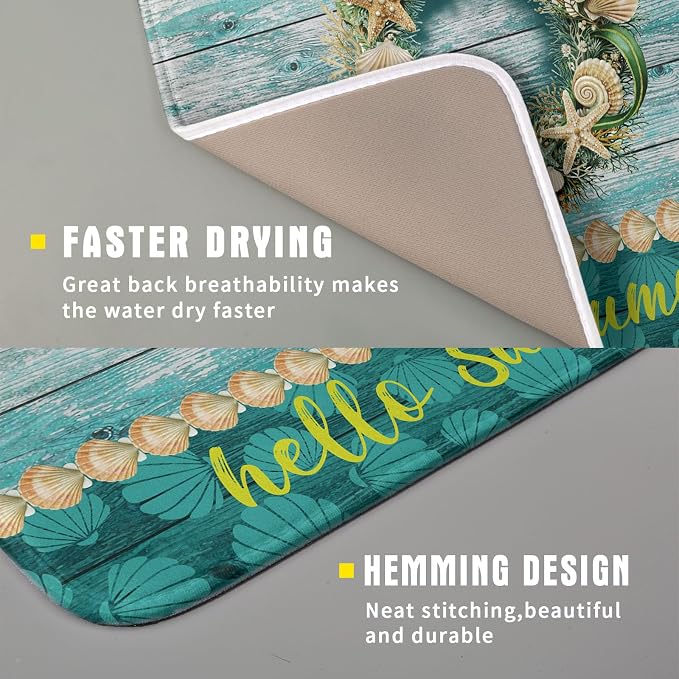 Hello Summer Dish Drying Mat for Kitchen Counter, Sea Shell Starfish Coastal - Image 3