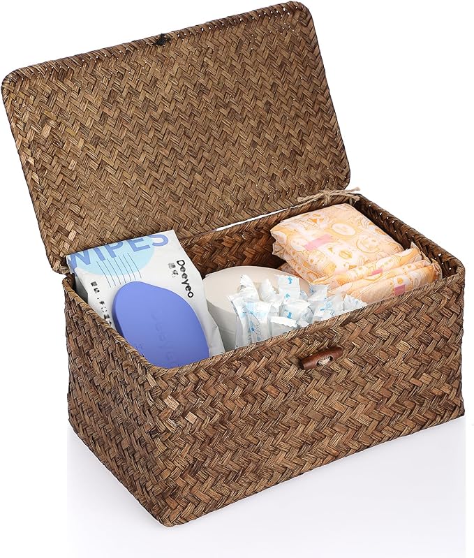 Sumnacon Wicker Basket with Lid Rectangle Woven Baskets by Sumnacon