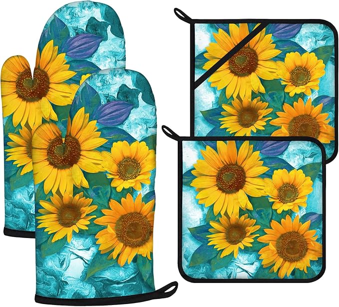 Sunflower Oven Mitts and Pot Holders Sets 4Pcs, Extra Long Oven Gloves Potholder by VisittheDuibelproduct