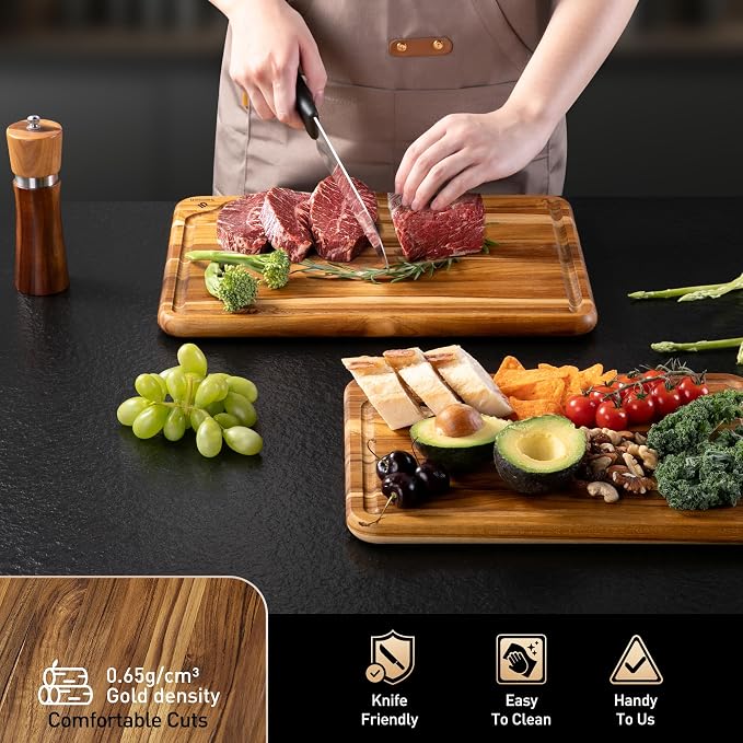 2 Pack Teak Cutting Board for Kitchen Wooden Chopping Board Charcuterie Board - Image 5