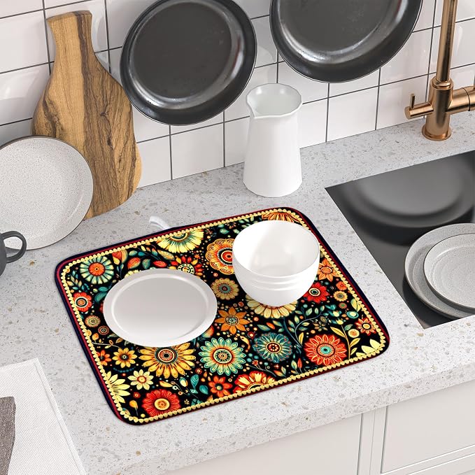 Bohemian Style Flowers Drying Pad Boho Floral Dish Drying Mat - Image 6