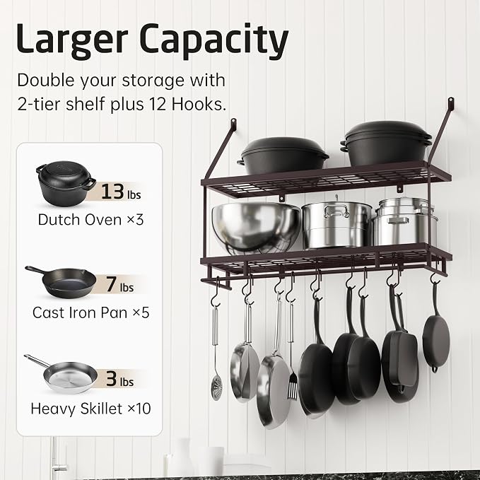KES 30-Inch Oiled Bronze Pot Rack Wall Mounted, 2-Tier Hanging Pot and Pan - Image 3