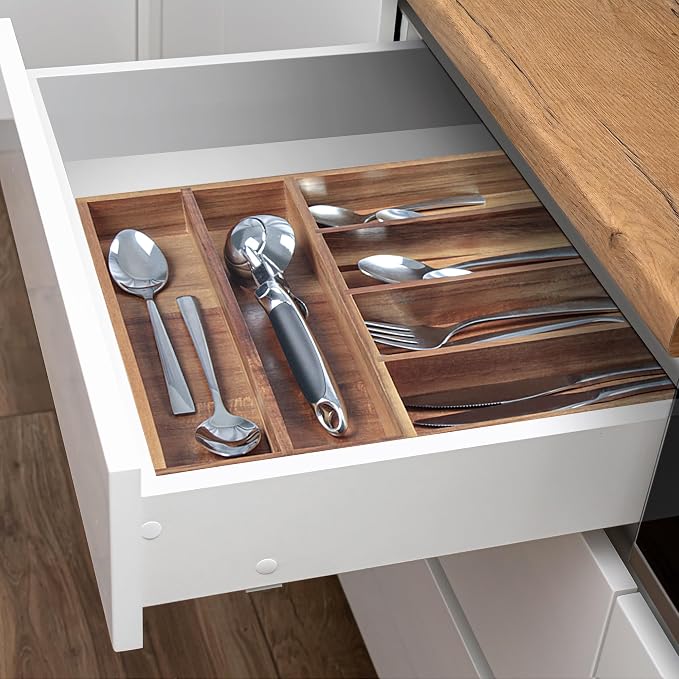 KITEISCAT Acacia Wood Silverware Organizer, Kitchen Utensil Drawer Organizer - Image 6