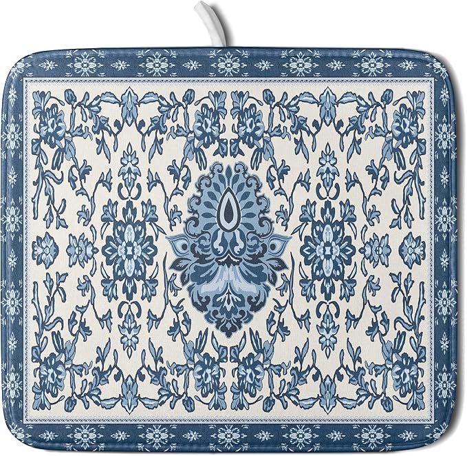 Blue Floral Dish Drying Mat for Kitchen Counter 16x18 Chinoiserie Flower Print by Aytipun