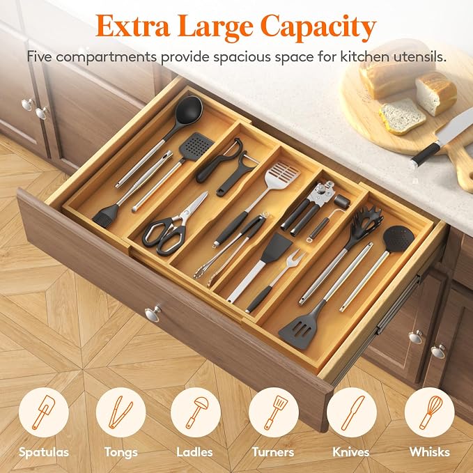 Lifewit Utensil Organizer for Kitchen Drawer, Expandable Cooking Utensil Tray - Image 4