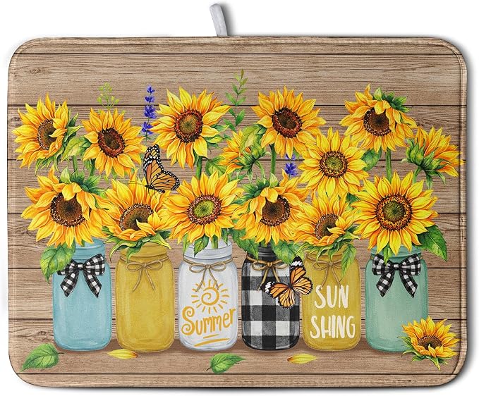 Sunflower Dish Drying Mat for Kitchen 18x24 Inch Counter Rustic Vintage Floral by Kwlegh