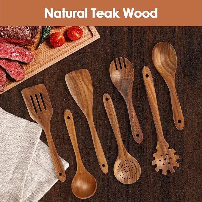 comfoyar Wooden Kitchen Cooking Utenails Set, 7 Pieces Natural Teak Wooden - Image 3