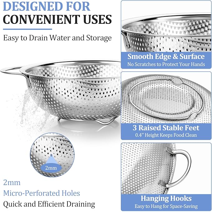 TeamFar Colander Set of 3, Stainless Steel Perforated Metal Colander Strainer - Image 3