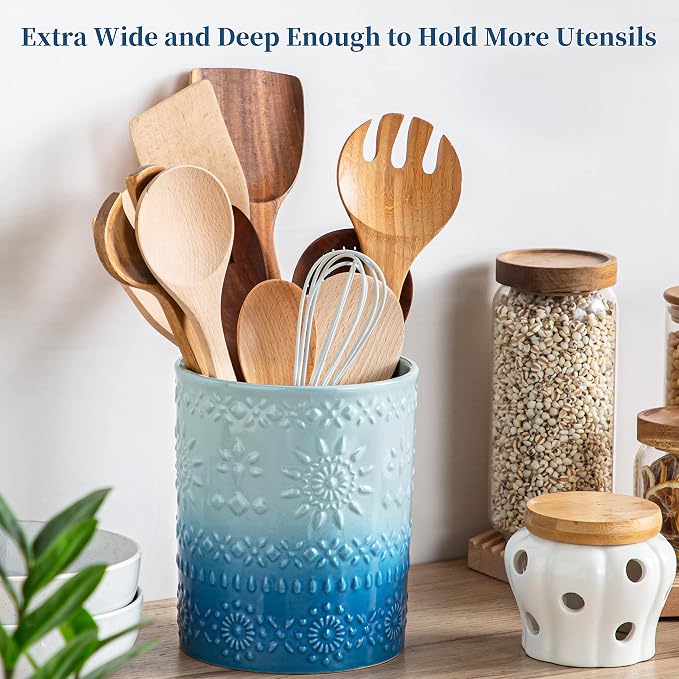 LOVECASA Extra Large Kitchen Utensil Holder, 7.2" Ceramic Farmhouse Utensil - Image 3