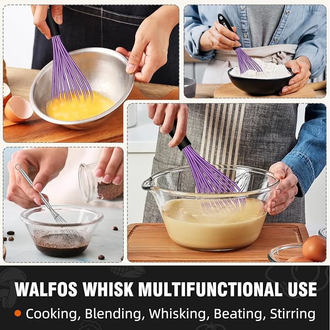 Walfos Whisk, Silicone Whisks Set of 5, Mini Stainless Steel Whisk 7+5in & Non - Image 4