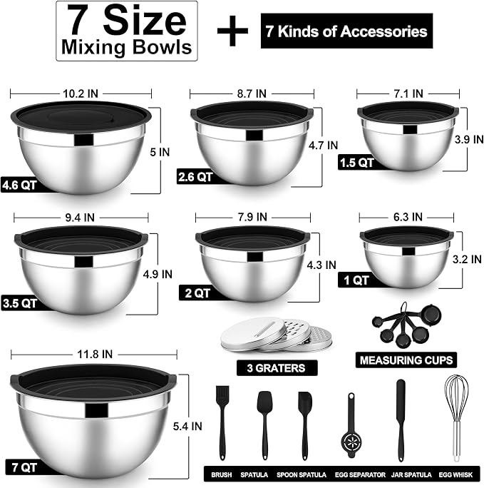 E-far Mixing Bowls with Lids Set, Size 7, Nesting Design & Black Airtight Lid - Image 5