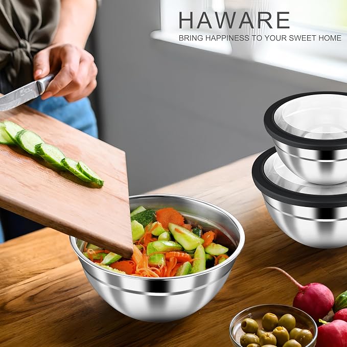 HaWare Mixing Bowls with Airtight Clear Lids, 6-Piece Stainless Steel Strong - Image 7