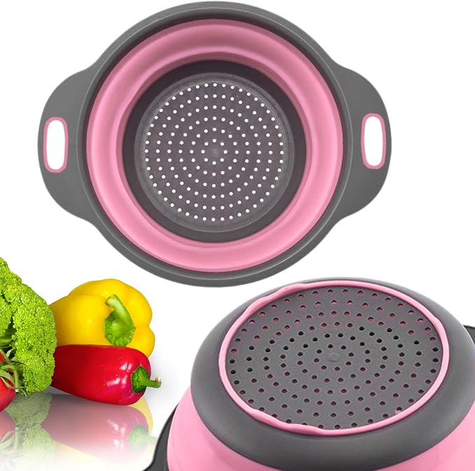Pink Round Silicone Colander Collapsible – Foldable Kitchen Strainer Small by YARRDLLC