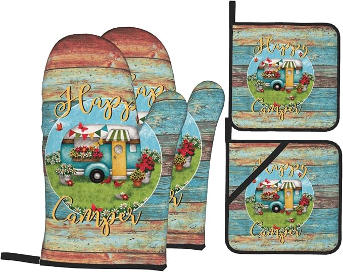 Happy Camper Oven Mitts and Pot Holders Sets of 4, Resistant Hot Pads by Nelife